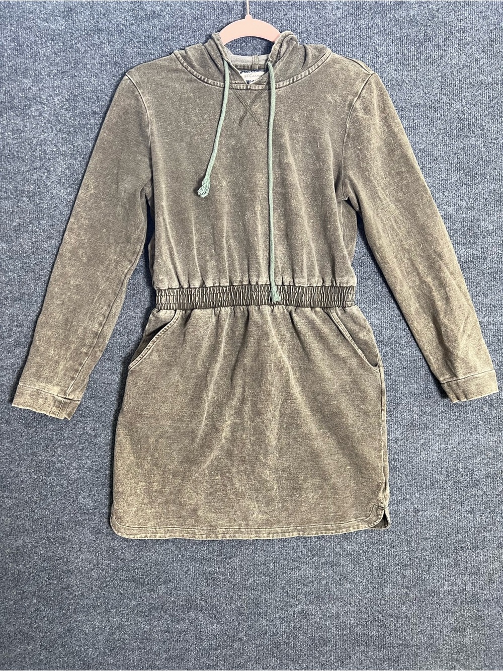Ethereal Women’s Medium Hooded Sweatshirt Dress Acid Wash Olive Green Cozy Mini